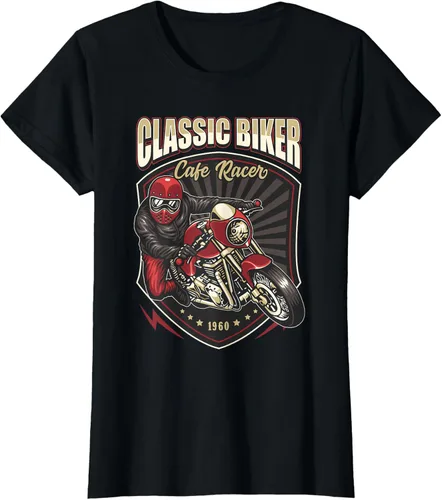 Vista 46 de Camiseta de motocicleta clásica Biker Cafe Racer para hombre, Negro, S