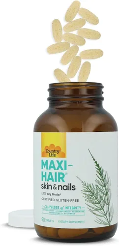 Vista 2 de Country Life Maxi-Hair-Skin & Nails-2,000 mcg de biotina, libre de PABA, 90 tabletas