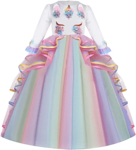 Vista 2 de REXREII Vestido largo de tul de manga larga para niñas con diadema, disfraz de Halloween, princesa, cumpleaños, Navidad, baile