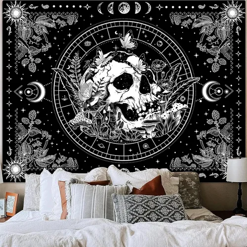 Vista 4 de Aipon Tapiz de esqueleto en blanco y negro para dormitorio, tapiz de calavera, setas, tapices hippie, plantas naturales, flores florales, tapiz