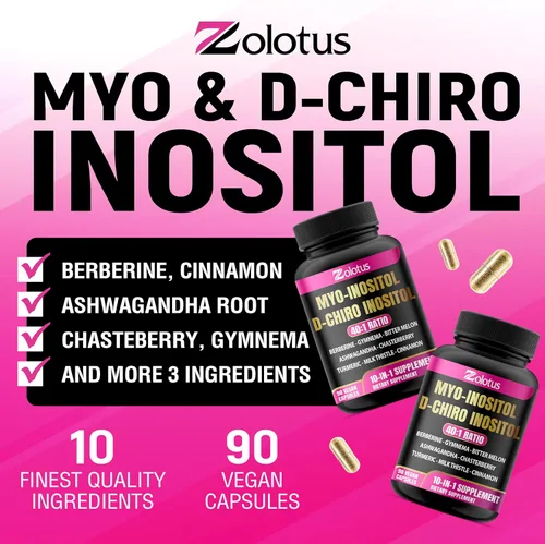 Vista 2 de Zolotus Myo-inositol y D-Chiro Inositol Proporción Ideal Suplemento de inositol con melón amargo, cardo mariano, cúrcuma, gimnasia, casteberry
