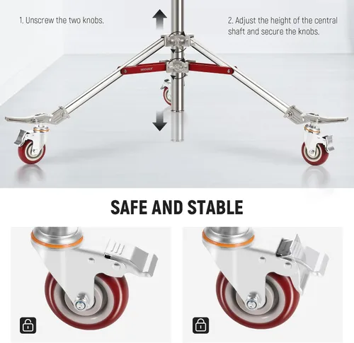 Vista 8 de NEEWER Soporte de Luz de Acero Inoxidable Resistente con Ruedas, Receptor Junior de 1-1/8", Espiga Baby con Resorte de 5/8", Carga Máxima 77lb