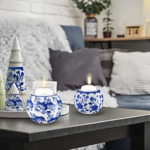 Vista 5 de Soaoo Paquete de 2 Portavelas Azules y Blancos Decoración Chinoiserie Portavelas de Porcelana para Velas de Té Portavelas Votivos para Vacaciones