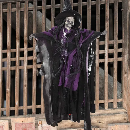 Vista 10 de JIAHG Decoraciones de Halloween, esqueleto colgante animado fantasma con ojos rojos brillantes activados por sonido de voz aterradora fiesta