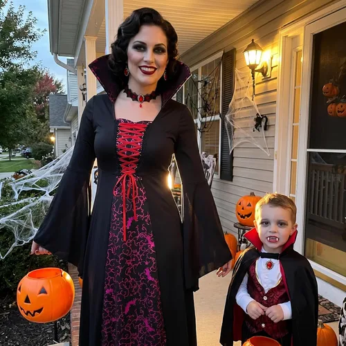 Vista 7 de Disfraz de vampiro para mujer, disfraz real de Halloween para adultos, con dientes de vampiro, colmillos y aretes