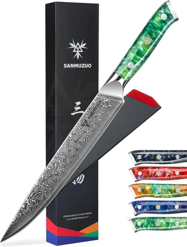 Vista 10 de Cuchillo para cortar carne de acero Damasco VG10 de 9 pulgadas, mango naranja de fantasía de resina