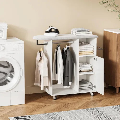 Vista 2 de Tabla de planchar rodante con gabinete de almacenamiento, gabinete de planchado de madera multiusos con ruedas, mesa de planchar con esponja