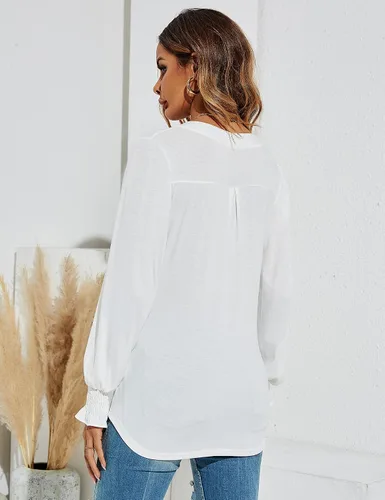 Vista 3 de Romanstii Camisetas casuales con cuello en V para mujer, blusas sueltas de manga larga abombada, plateado