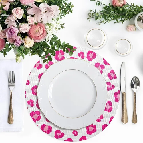 Vista 4 de Cute Pink Leopard White Round Place Mats, Heat Resistant Non Slip PVC Placemats Round for Kitchen one sizex4