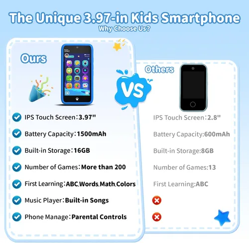 Vista 6 de MOMILLA Toys - Teléfono inteligente para niños, cámara dual de pantalla de 3.97 pulgadas con 21 calcomanías, regalos de cumpleaños para niños