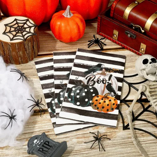 Vista 4 de Servilleta de papel de 3 capas desechable para invitados de Halloween, toalla de mano con rayas de calabaza y cuervo, servilletas de cena