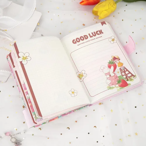 Vista 5 de Lindo cuaderno de dibujos animados kawaii, cuaderno de bocetos japonés con cubierta de cuero, cuaderno de notas, cuaderno de viaje, rosa claro