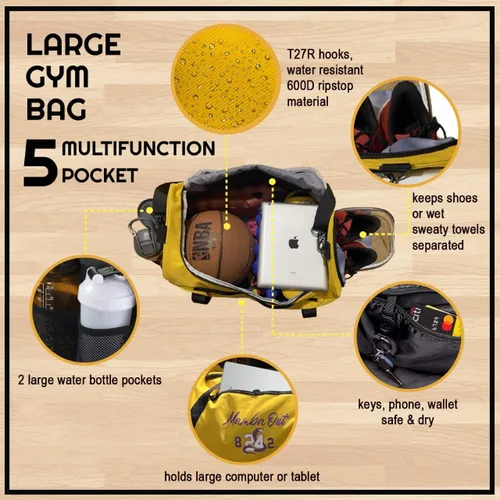 Vista 6 de Bolsa de lona Kobe para viajar. Bolsas de gimnasio deportivas para hombres, bolsa de transporte para viajes. Bolsa de lona amarilla de los Lakers