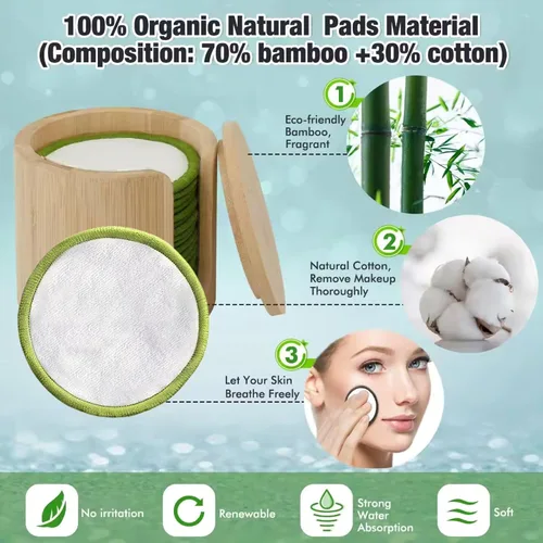 Vista 5 de ISA'S World - Almohadillas de algodón de bambú reutilizables para eliminar el maquillaje (paquete de 20) incluye bolsa de lavandería de algodón