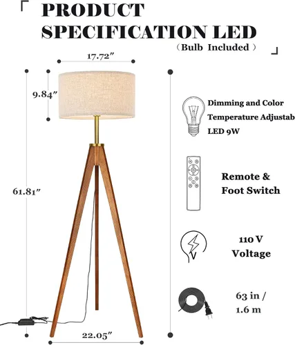 Vista 5 de ELYONA Lámpara de pie para sala de estar, trípode de madera maciza de fresno con control remoto, lámpara de pie regulable sin pasos para dormitorio