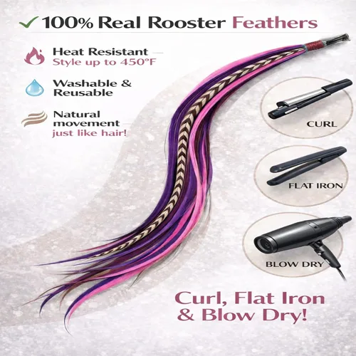Vista 3 de Extensión de pelo de plumas: plumas rosadas, moradas y pardas, todas unidas en la punta, que van de 6 a 12 pulgadas de largo, con un total de 5