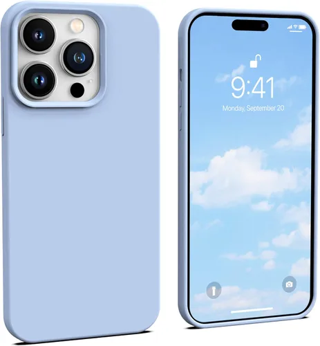 Vista 25 de IceSword Funda compatible con iPhone 14 Pro Max, color azul bebé, funda de silicona líquida, delgada, suave, antiarañazos, bonita luz azul pastel