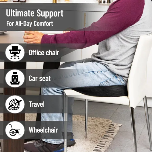 Vista 4 de Mind Reader Cojín de asiento de espuma viscoelástica con tecnología Air-Cloud, ciática, alivio del dolor de coxis y cadera, oficina, espuma Negro