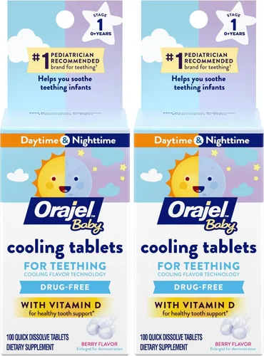 Vista 9 de Orajel Tabletas refrescantes para bebés para dentición con vitamina D, 100 tabletas de disolución rápida, color blanco