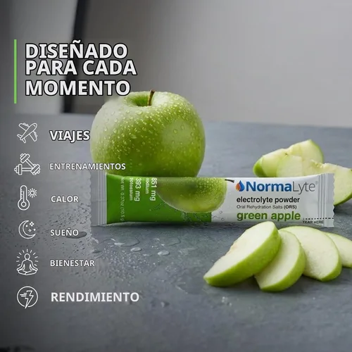 Vista 6 de NormaLyte Apple - Paquetes de polvo de electrolitos Mezcla de bebidas electrolíticas clínicamente estudiada 6 barras de hidratación efectivas