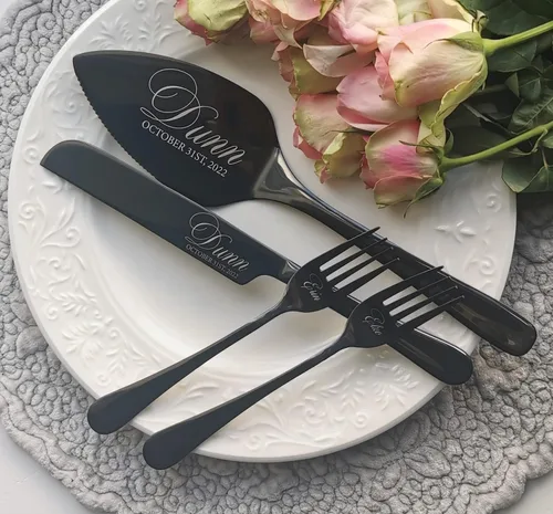 Vista 5 de Personalized Wedding Cake Serving Set, Custom Pie Cutting Tools Gift, Engraved Stainless Steel Knife Server Forks Kit, Anniversary, Birthday, Bridal