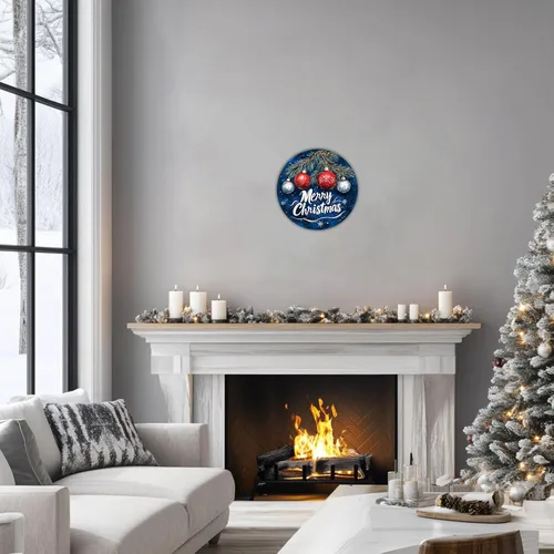 Vista 5 de Letrero redondo de metal rústico para decoración de pared, placa de decoración de pared con texto en inglés "Merry Christmas" azul y plateado