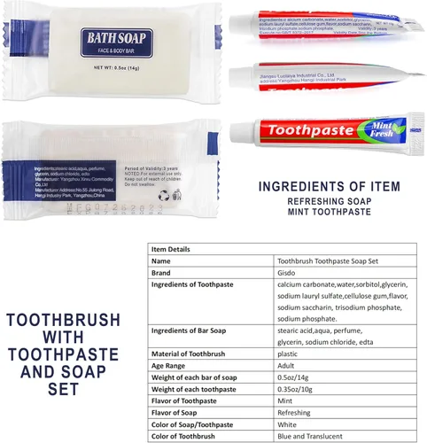 Vista 9 de 50 cepillos de dientes desechables con pasta de dientes y 50 barras de jabón Individually Wrapped, 2 Colors, Travel Size, Bulk Amenities and