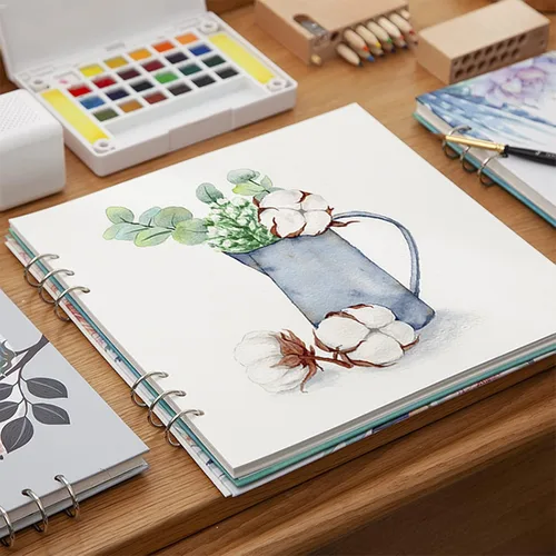 Vista 6 de Cuaderno de bocetos de acuarela – Cuaderno de bocetos de papel de acuarela prensa en frío 7.7 x 7.7 pulgadas, 20 hojas, papel pesado de 140