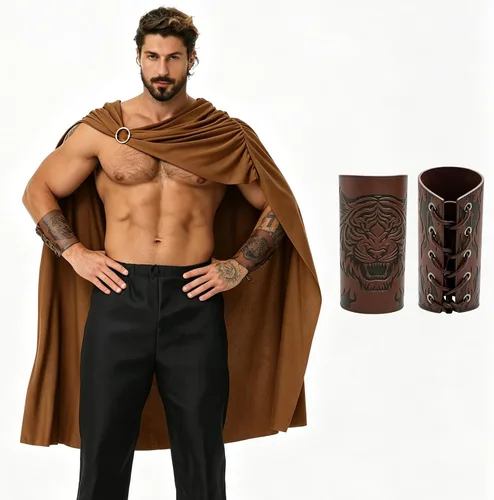 Vista 9 de GRAJTCIN Capa de disfraz de soldado guerrero espartano unisex con brazaletes para Halloween, capa medieval para cosplay