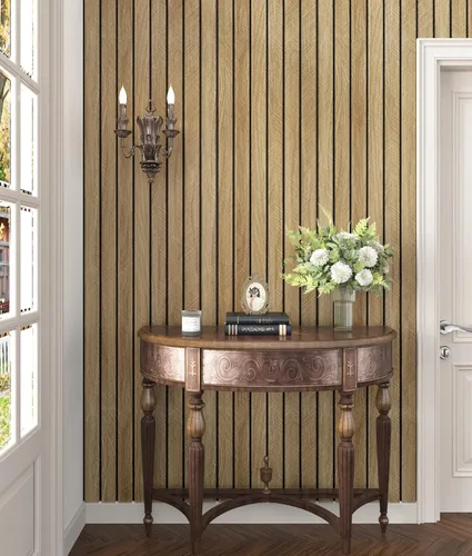 Vista 4 de Paneles de Madera Marrón 3D para Paredes 120" x 12" Paneles de Pared de Listones Acústicos Despegar y Pegar Paneles de Madera Autoadhesivos