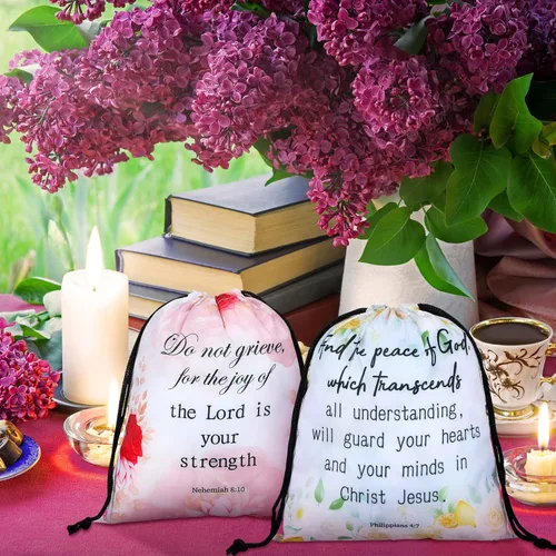 Vista 5 de Hosuly 24 mochilas religiosas de versículos bíblicos con cordón para sorteo cristiano, bolsa de regalo religiosa a granel, bolsa pequeña