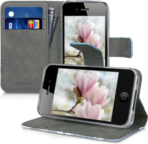 Vista 4 de kwmobile Funda tipo cartera compatible con Apple iPhone 4 y 4S, magnolias gris topo, blanco, azul y gris