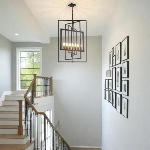 Vista 7 de Candelabro de granja negro, accesorios de luz colgante de farol de 7 luces, accesorios de iluminación de vestíbulo industrial rústico, candelabros