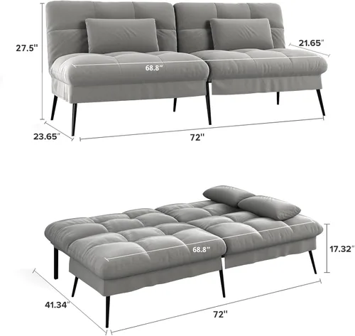 Vista 2 de COMHOMA Sofá cama convertible, sofá de tela de 68 pulgadas con respaldo ajustable, sofá biplaza reclinable, sofá cama, muebles de sala de estar