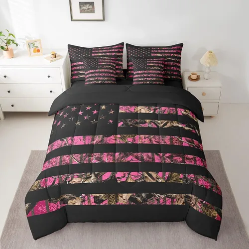 Vista 44 de Feelyou Juego de edredón botancial de camuflaje con bandera estadounidense Negro Marrón Oscuro