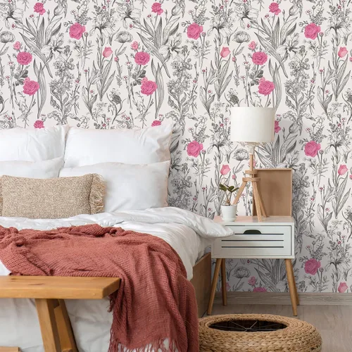 Vista 3 de VEELIKE Papel tapiz de dibujo floral gris para despegar y pegar, papel tapiz de flores rosas de 17.7 x 118 pulgadas, papel de pared botánico vintage