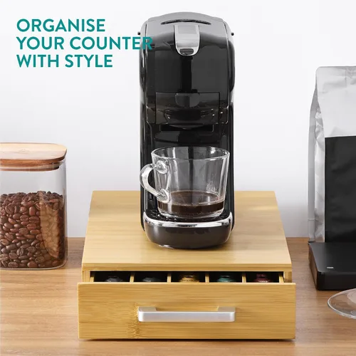 Vista 6 de Navaris Almacenamiento de cápsulas de café de bambú – Cápsulas de café y bandeja para té – Ahorro de espacio debajo de la cafetera – Cajón