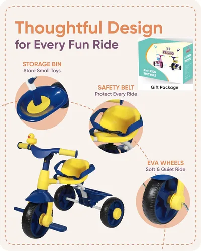 Vista 5 de KRIDDO - Triciclos 2 en 1 para niños de 18 meses a 3 años, ruedas EVA mejoradas, ideal para regalo para niños de 2 a 3 años, con mango de empuje
