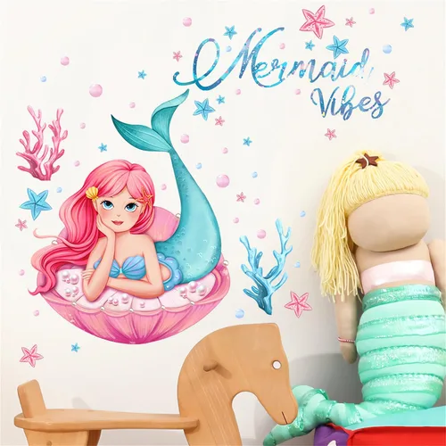 Vista 4 de Calcomanías de pared con diseño de niña sirena y plantas de agua de coral, sacinora Art, vinilo extraíble para despegar y pegar para guardería