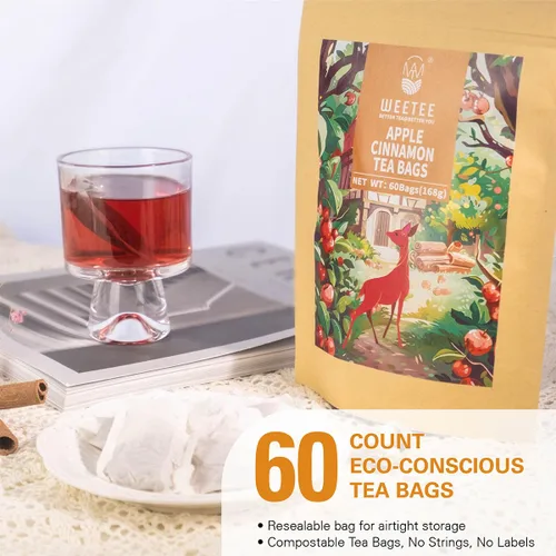 Vista 3 de WT WEETEE Bolsas de té de hierbas de manzana y canela, 60 unidades, mezcla perfecta de canela dulce, hibisco agrio, sabor natural, sin cafeína