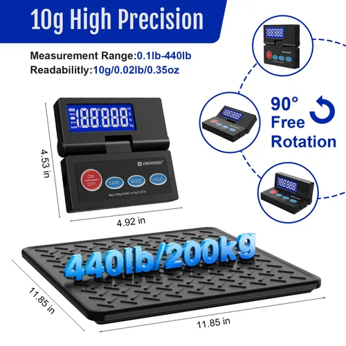 Vista 2 de 440 lb Escala postal digital de 10 g de precisión para envíos de paquetes con LCD retroiluminada, plataforma de acero aleado, alimentación por