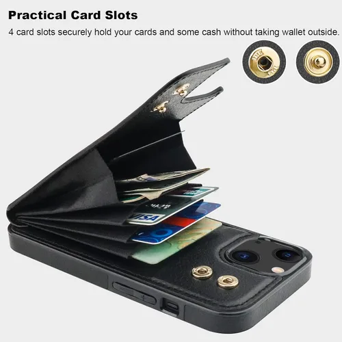 Vista 4 de Folosu Funda tipo billetera compatible con iPhone 14 con soporte para tarjetas, soporte de anillo para dedo con rotación de 360° y función atril