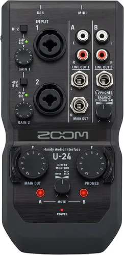Vista 3 de Zoom Interfaz de audio práctica U-24, interfaz de audio USB portátil de 2 canales, 2 entradas combinadas XLR/TRS, E/S MIDI, salidas RCA