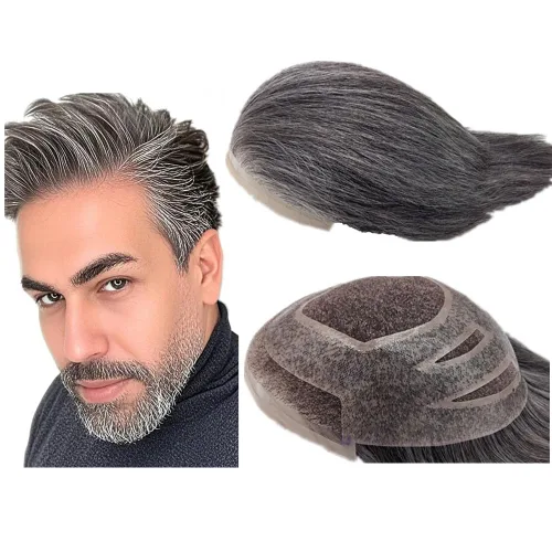 Vista 7 de N.L.W.- Peluquín para hombres, piezas de pelo para hombre Sistema europeo de reemplazo de cabello humano virgen para hombres, pieza de cabello