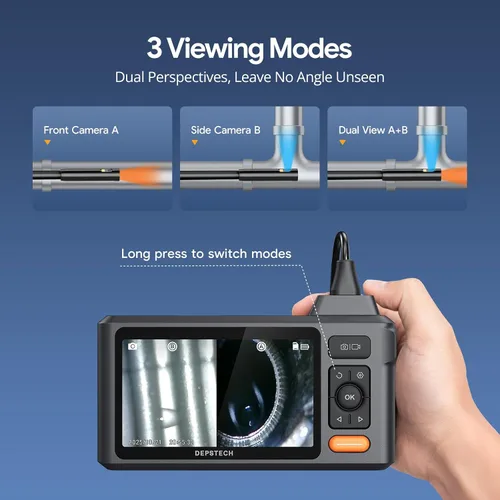 Vista 2 de Cámara de Inspección de Alcantarillado de 50FT, DEPSTECH Endoscopio de Doble Lente 1080P con Luces, Herramienta Boroscopio con Pantalla IPS de 5