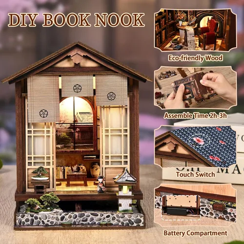 Vista 4 de Kit de rincón de libro, casa de muñecas japonesa, biblioteca, biblioteca de biblioteca, estantería de casa pequeña, rompecabezas de madera 3D, kit