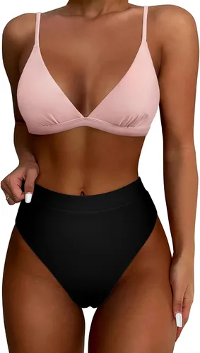 Vista 13 de SUUKSESS - Conjunto de bikini de dos piezas para mujer, con cintura alta y corte sexy, estilo triángulo