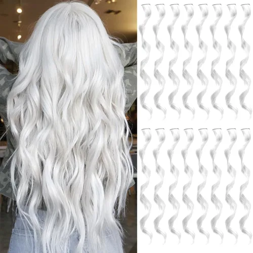 Vista 16 de 16 extensiones de cabello sintético rizado y ondulado con clip, para niñas y mujeres, coloridos resaltados para fiestas, cosplay, festival, regalo