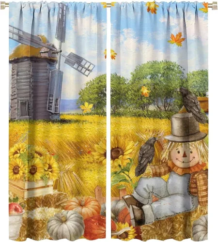 Vista 23 de Divertidas cortinas opacas de calabaza y espantapájaros para sala de estar, rústicas de otoño, hojas de arce, girasol, cosecha de otoño, puesta
