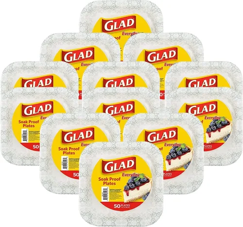 Vista 17 de Glad Platos cuadrados de papel resistentes, a prueba de remojo y resistentes a los cortes, patrón victoriano azul, vajilla desechable